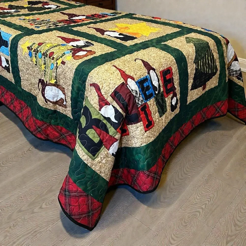Christmas Gnome Patchwork Quilt Coverlet 92x78 Handmade Folk Art Bedspread
